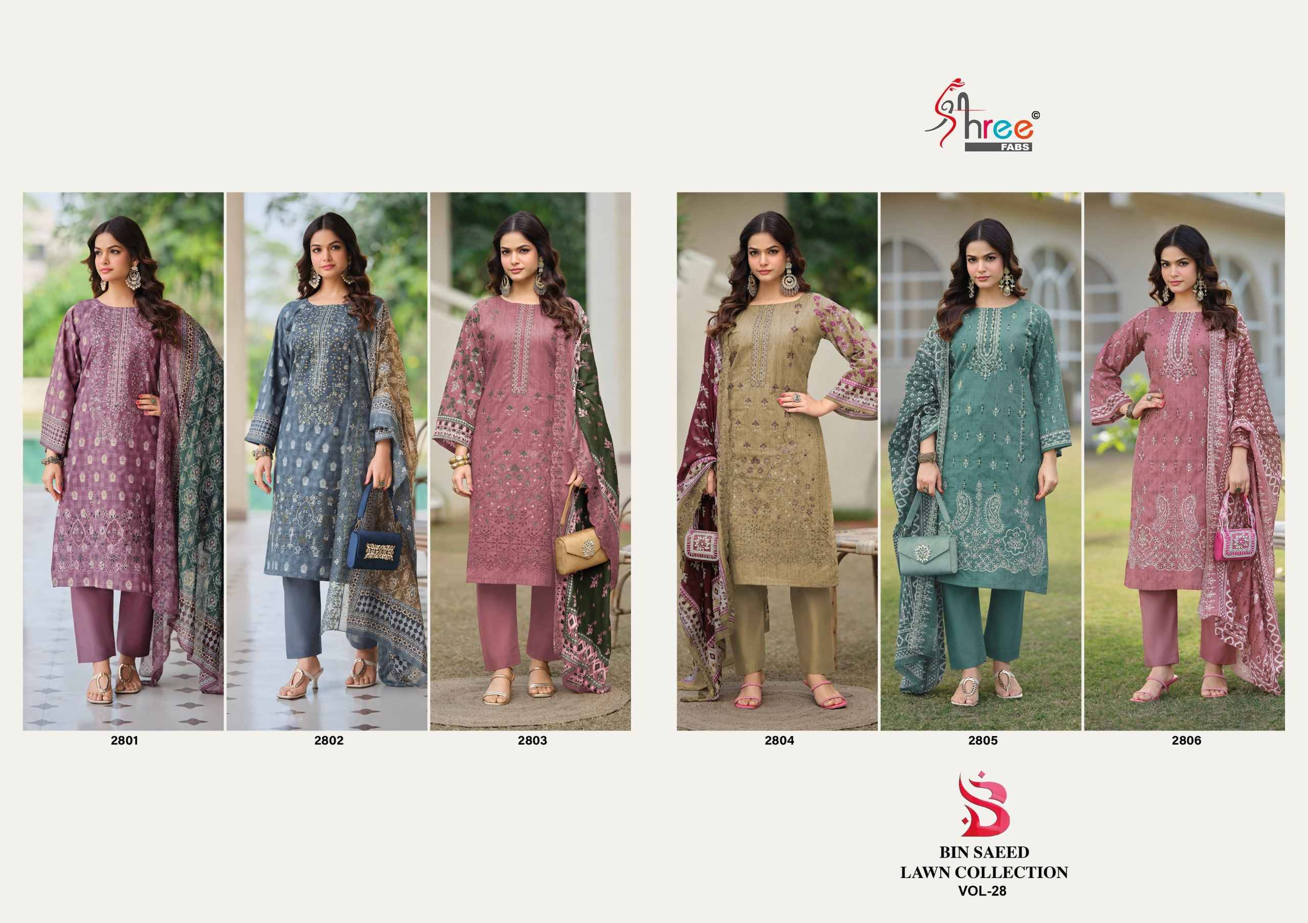 BIN SAEED LAWN COLLECTION VOL-28 By Shree Fab 2801 to 2806 Series Pakistani Stylish Beautiful Colourful Printed & Embroidered Party Wear & Occasional Wear Pure cotton Dresses At Wholesale Price